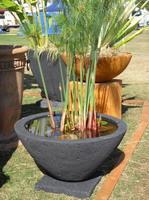 large garden water bowl with plant on base, black lava stone finish