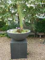 Charcoal lava finish bowl water feature on plinth, charcoal volcanic scoria finish.