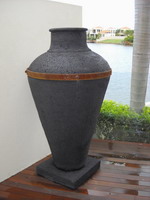 extra large Carmen Urn, charcoal volcanic scoria lava stone finish with steel band